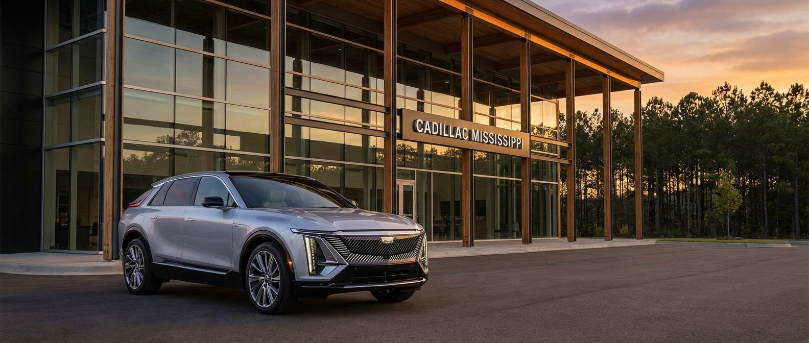 2026 Cadillac LYRIQ outside Cadillac of Jackson dealership in Ridgeland MS with pine treeline in background