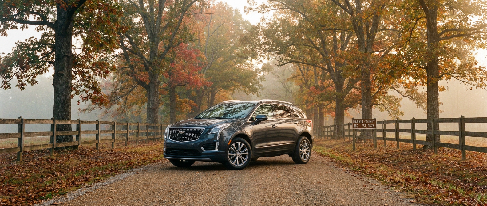 2026 Cadillac XT5 on a Rankin County Mississippi road in October morning light
