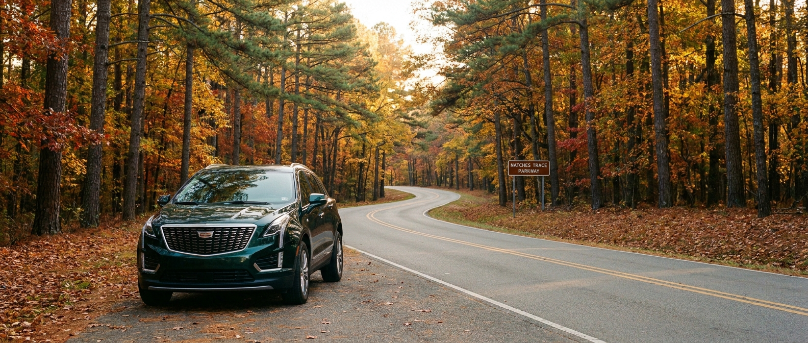 2026 Cadillac XT5 on a tree-lined scenic road near Clinton, Mississippi in fall