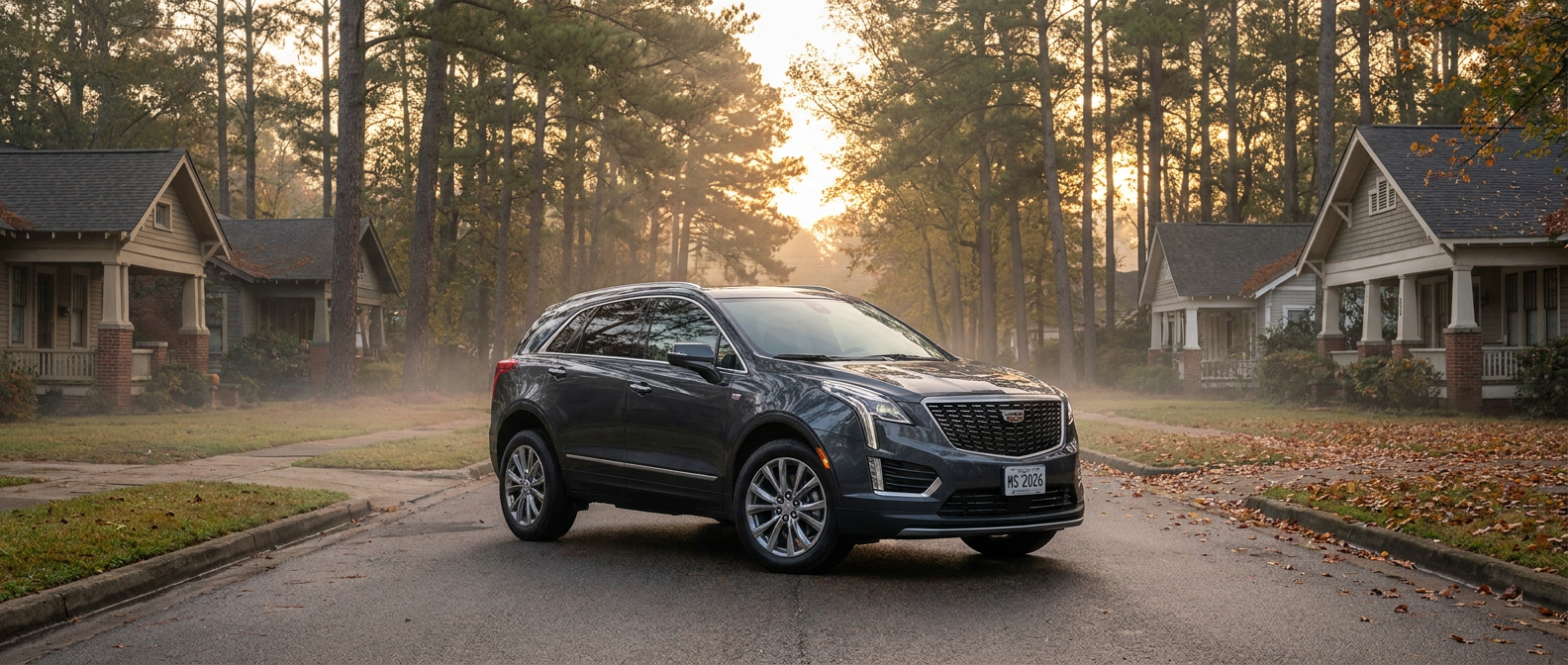 2026 Cadillac XT5 parked in Ridgeland MS on a cool fall morning with pine trees and soft amber light