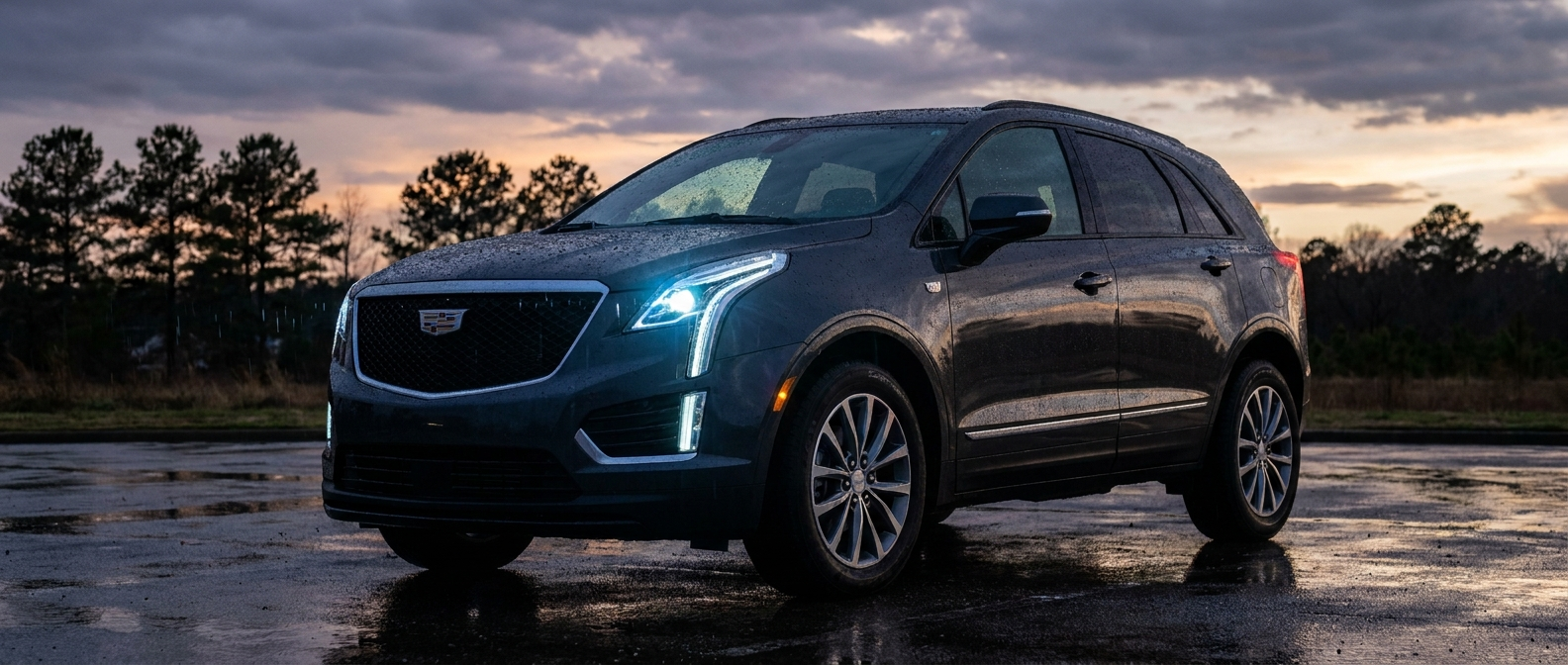 2026 Cadillac XT5 with LED headlights on during a wet fall evening in Ridgeland, Mississippi