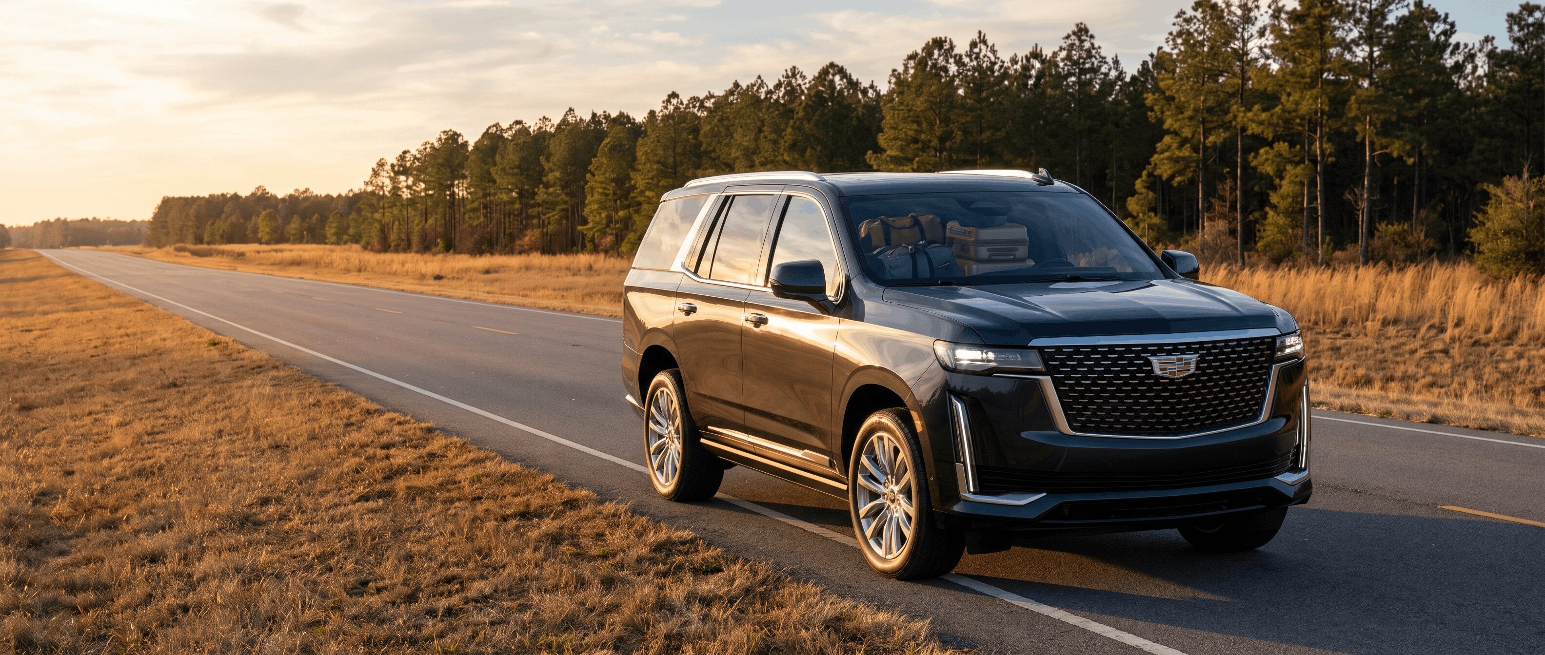 2027 Cadillac Escalade on a Mississippi highway ready for a family road trip near Ridgeland