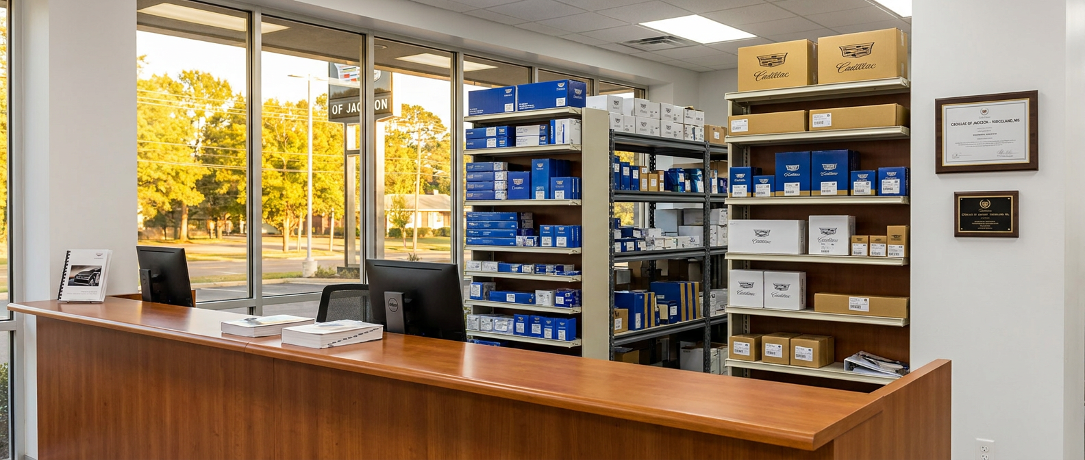 Cadillac OEM parts department counter at Cadillac of Jackson in Ridgeland, MS