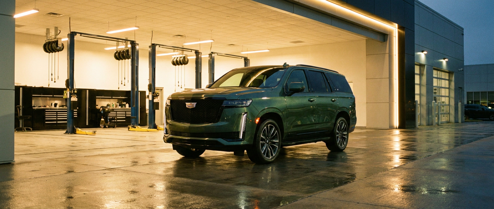 2026 Cadillac Escalade in dealership service bay at Cadillac of Jackson in Ridgeland MS before holiday travel