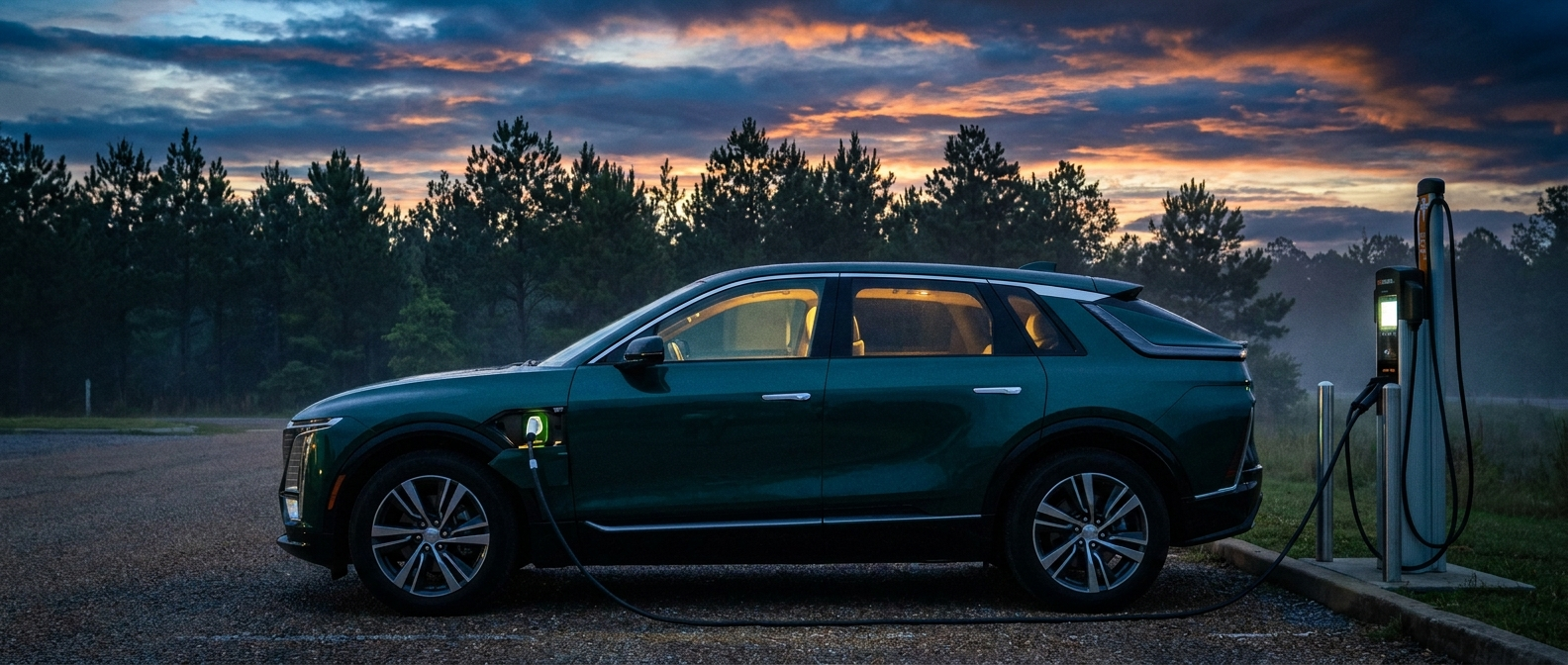 2027 Cadillac LYRIQ charging at a public EV station in Ridgeland, Mississippi at dusk